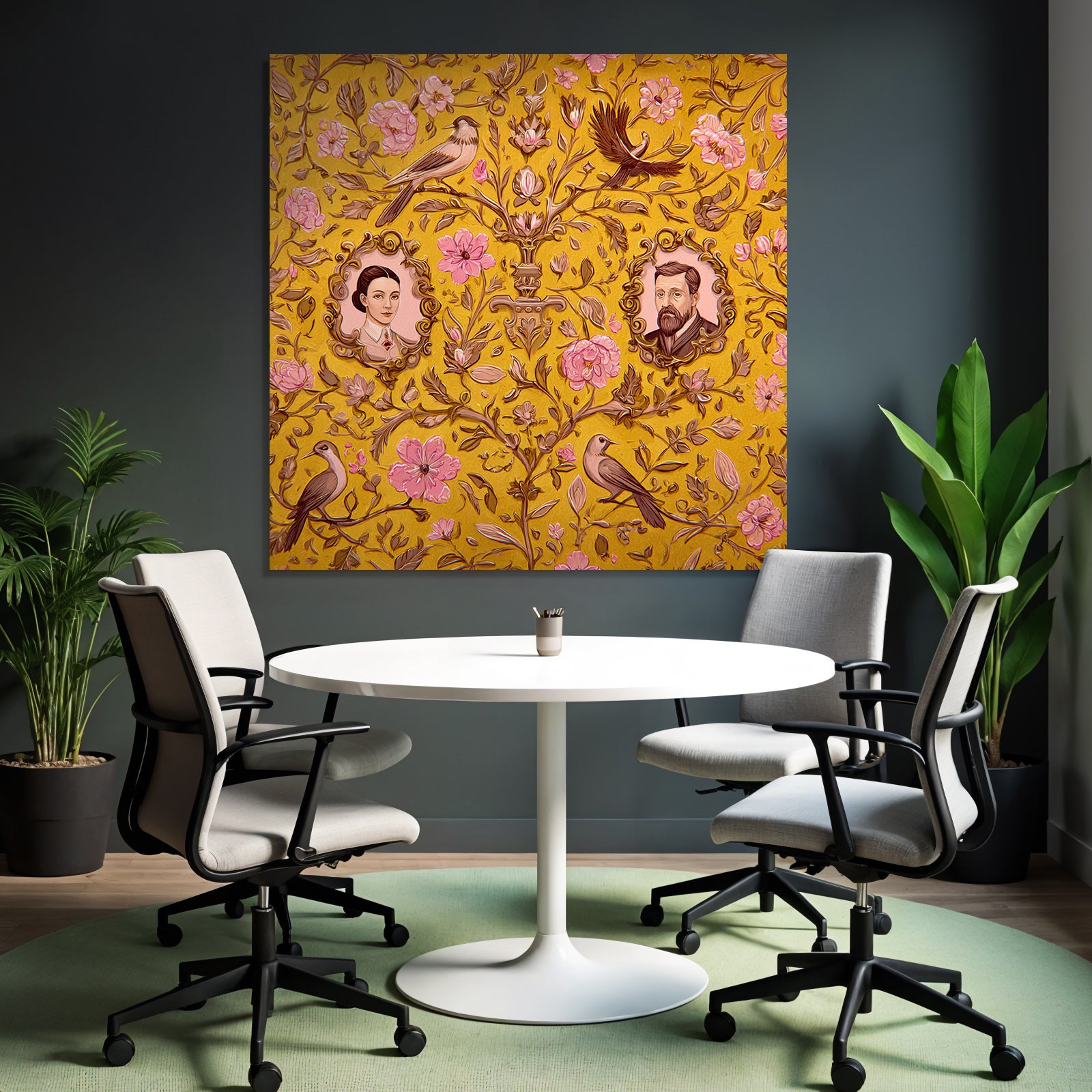 Floral patterns on a yellow background with portraits and birds