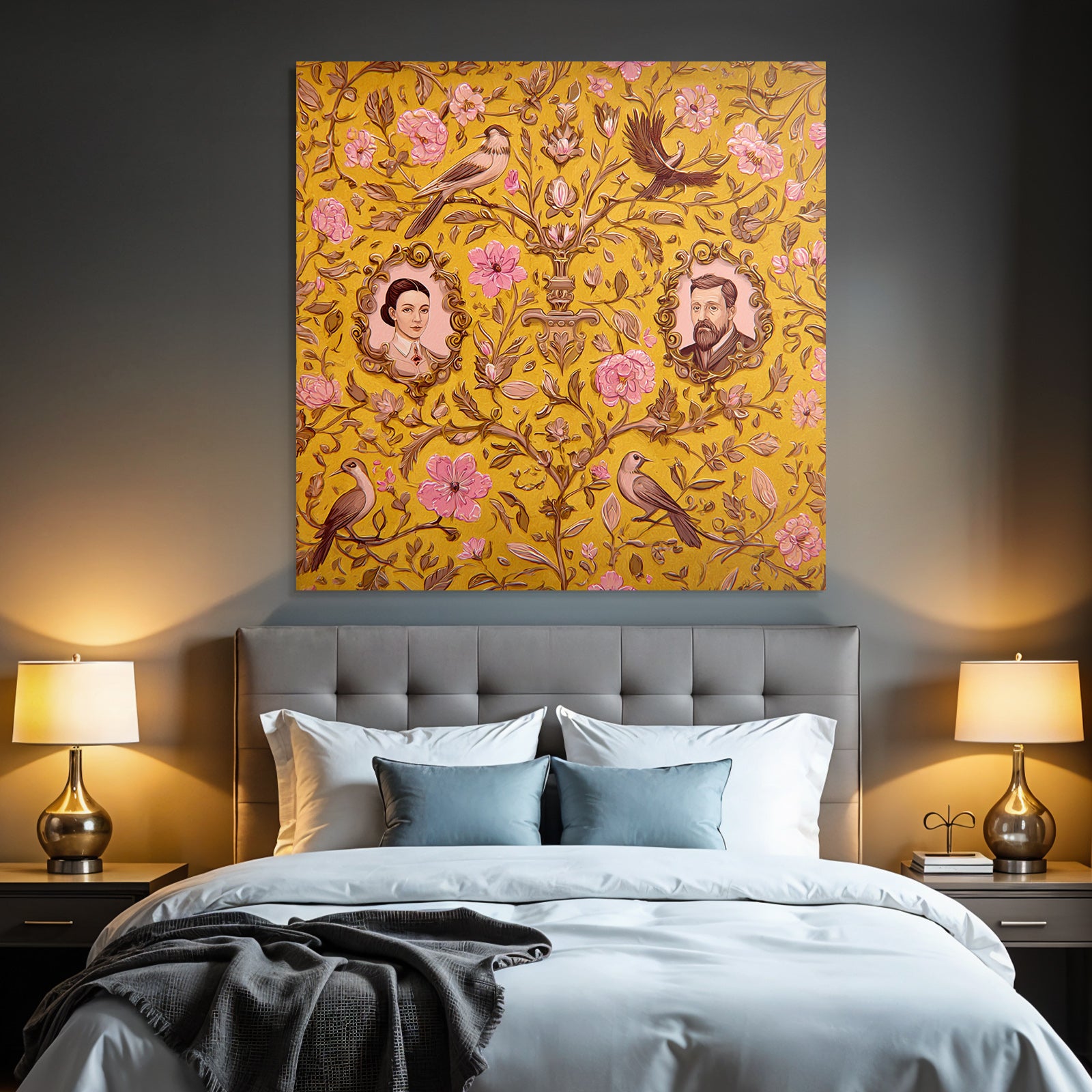 Floral patterns on a yellow background with portraits and birds