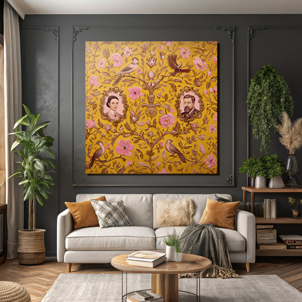 Floral patterns on a yellow background with portraits and birds
