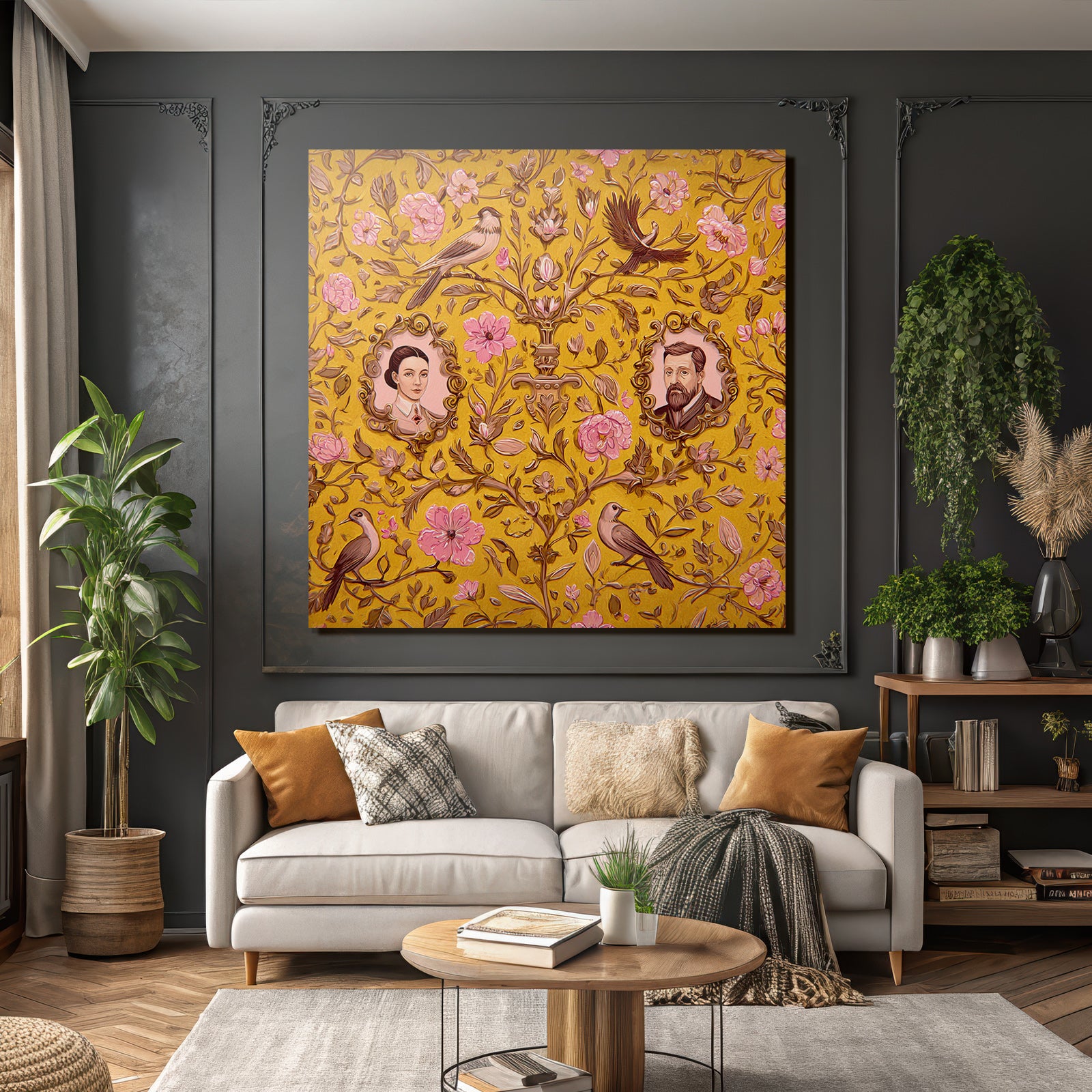 Floral patterns on a yellow background with portraits and birds