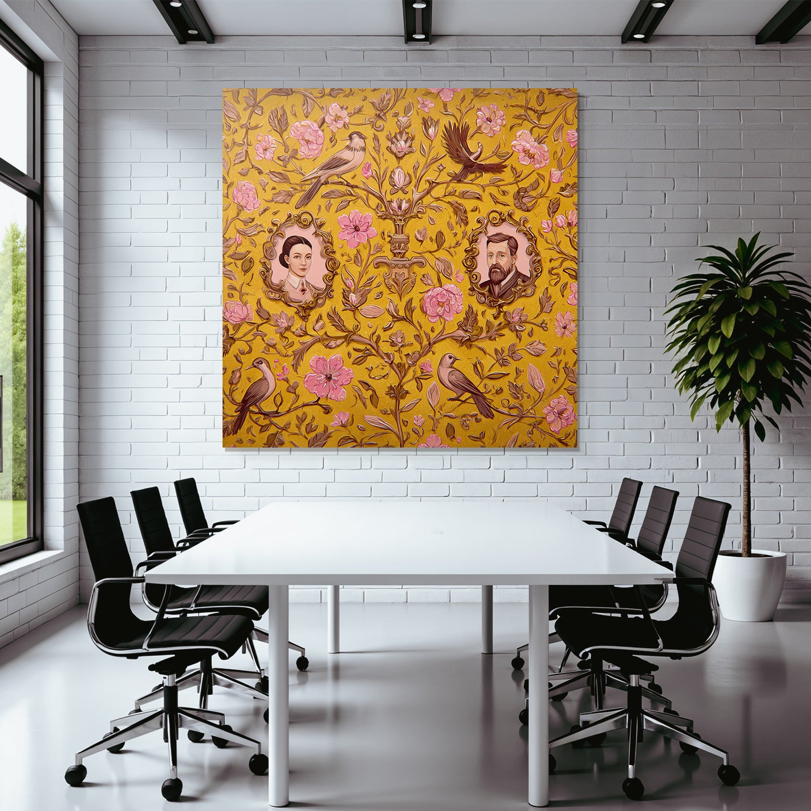 Floral patterns on a yellow background with portraits and birds