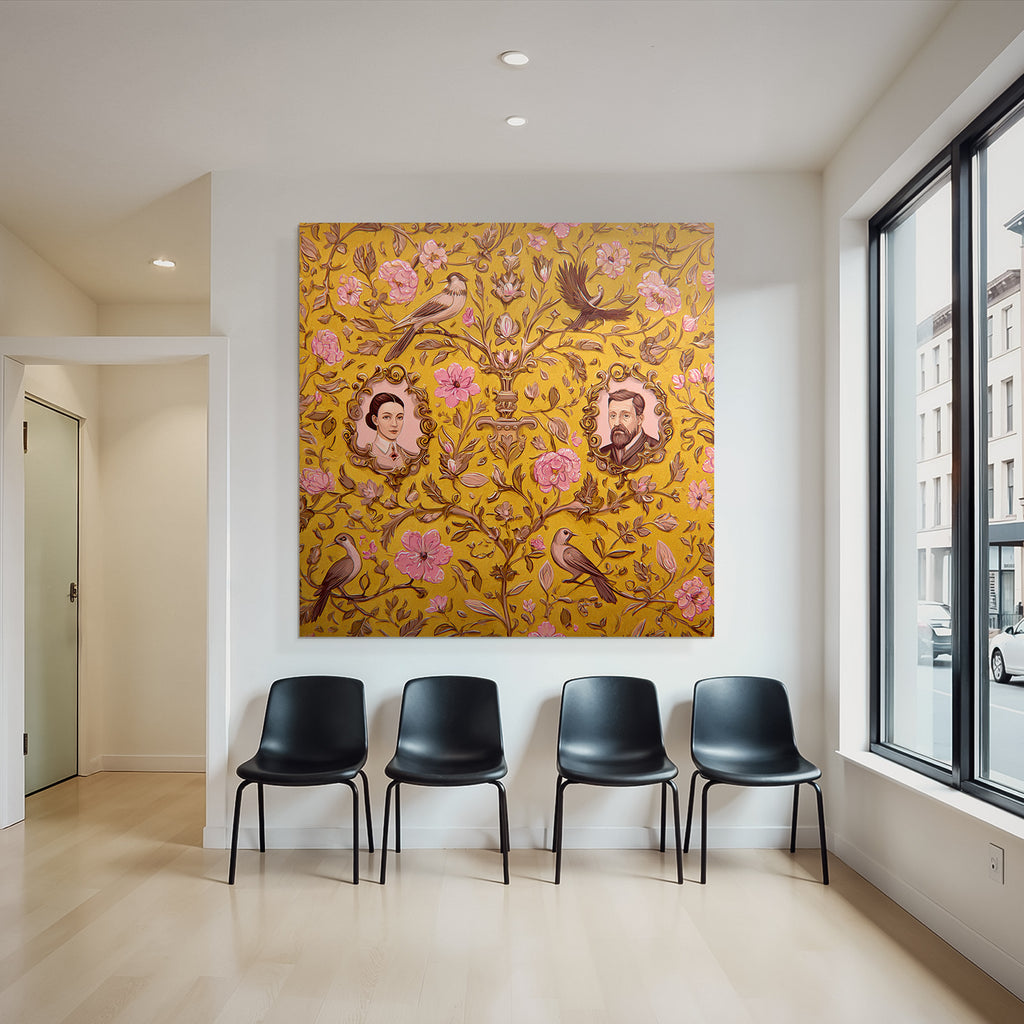 Floral patterns on a yellow background with portraits and birds