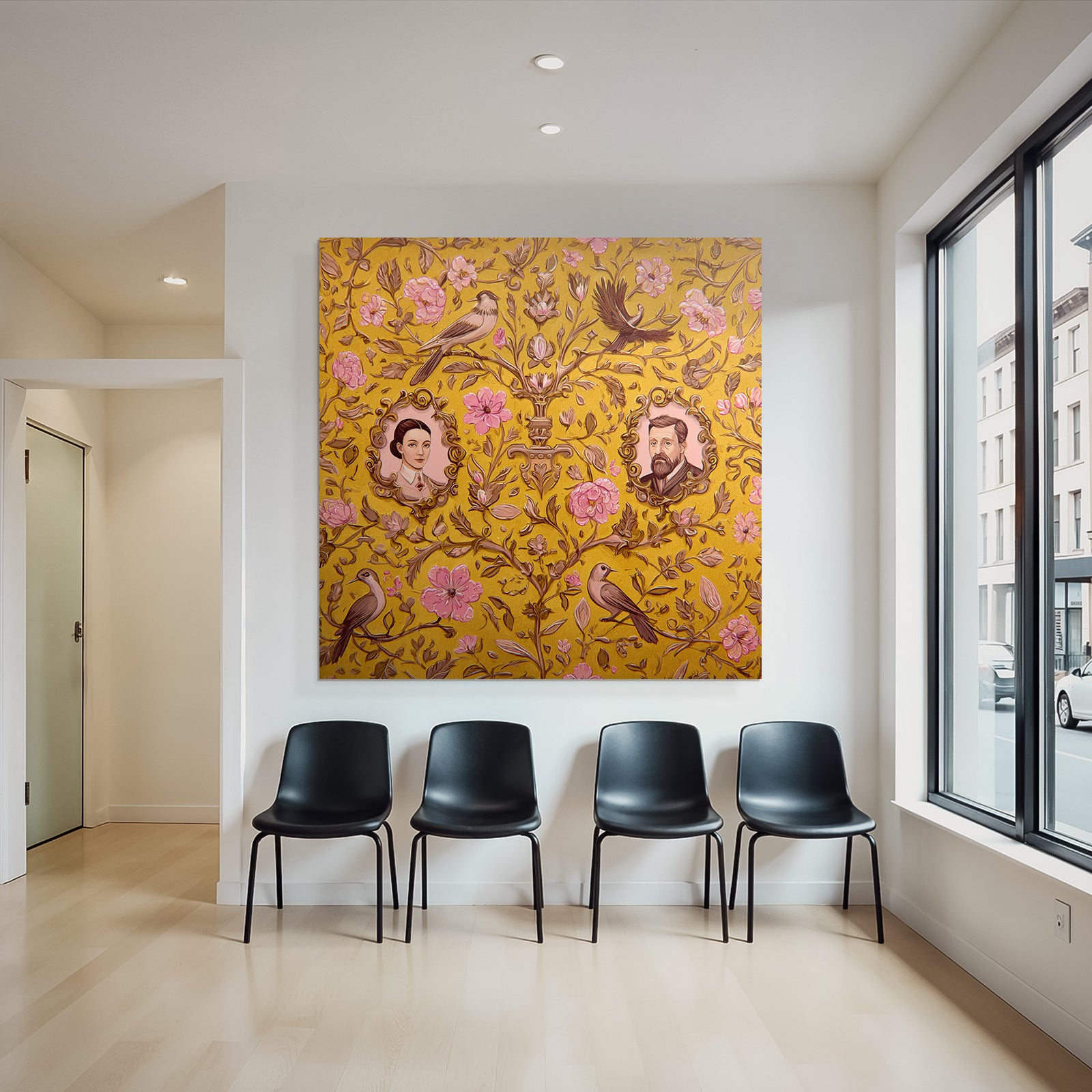 Floral patterns on a yellow background with portraits and birds