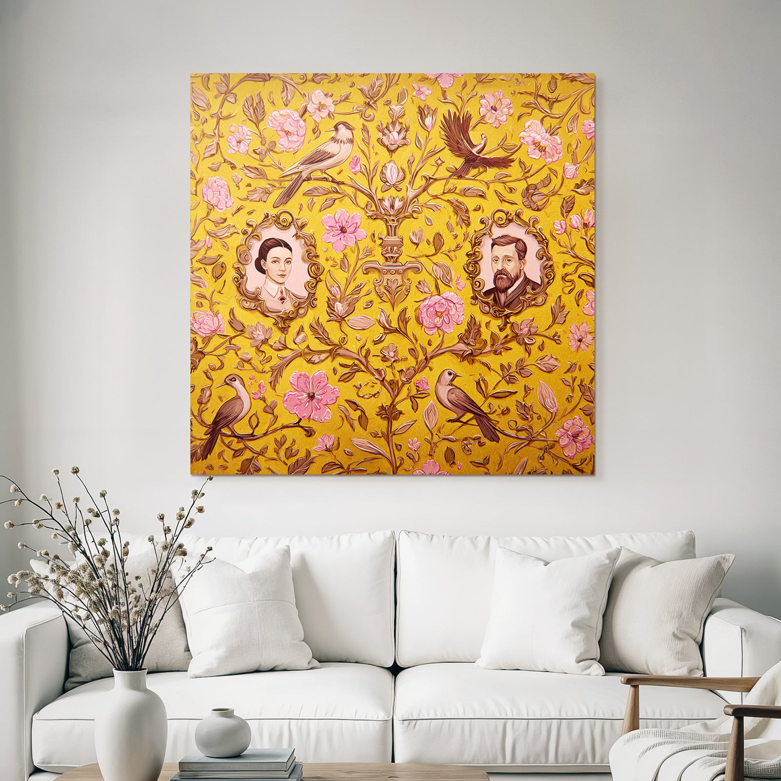 Floral patterns on a yellow background with portraits and birds