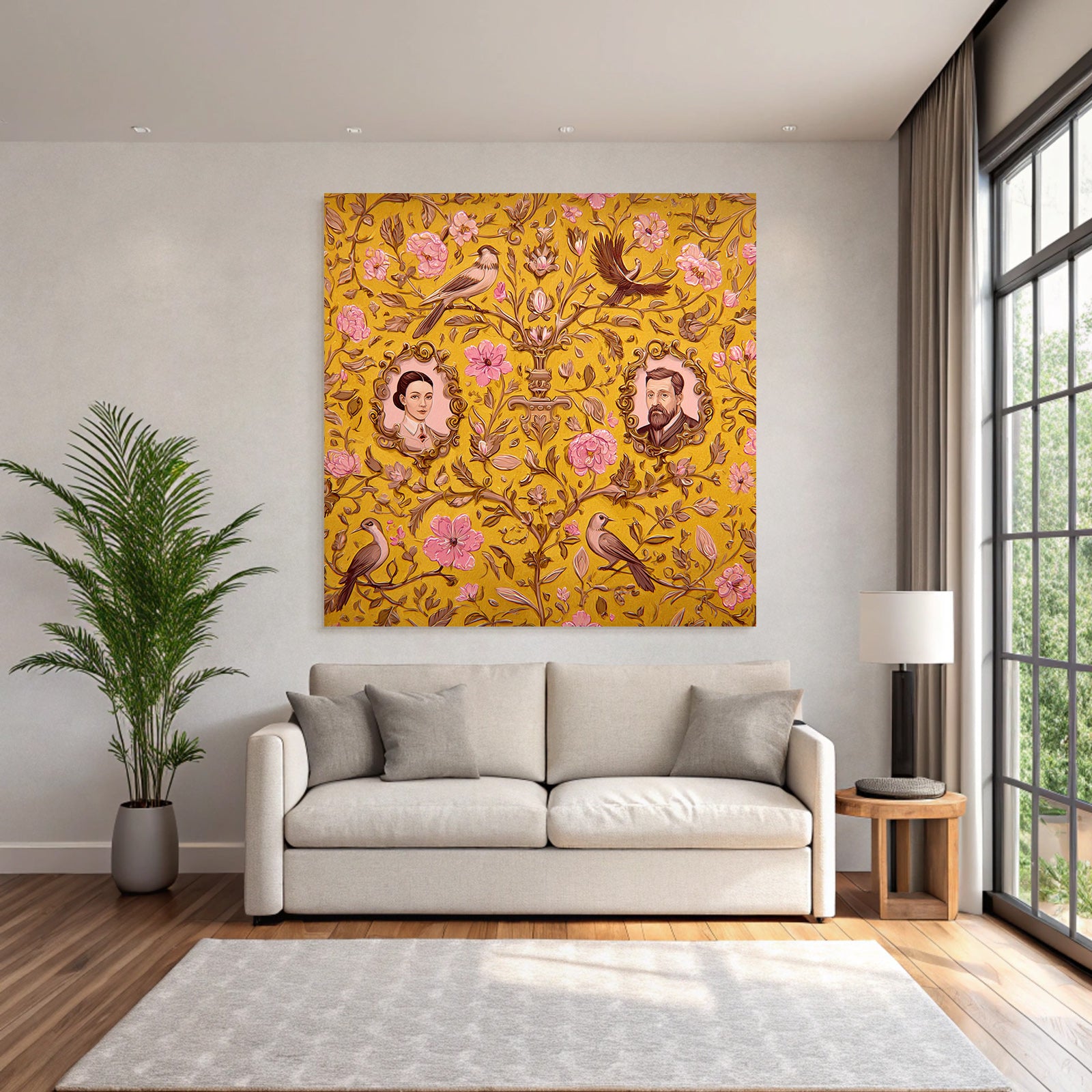 Floral patterns on a yellow background with portraits and birds