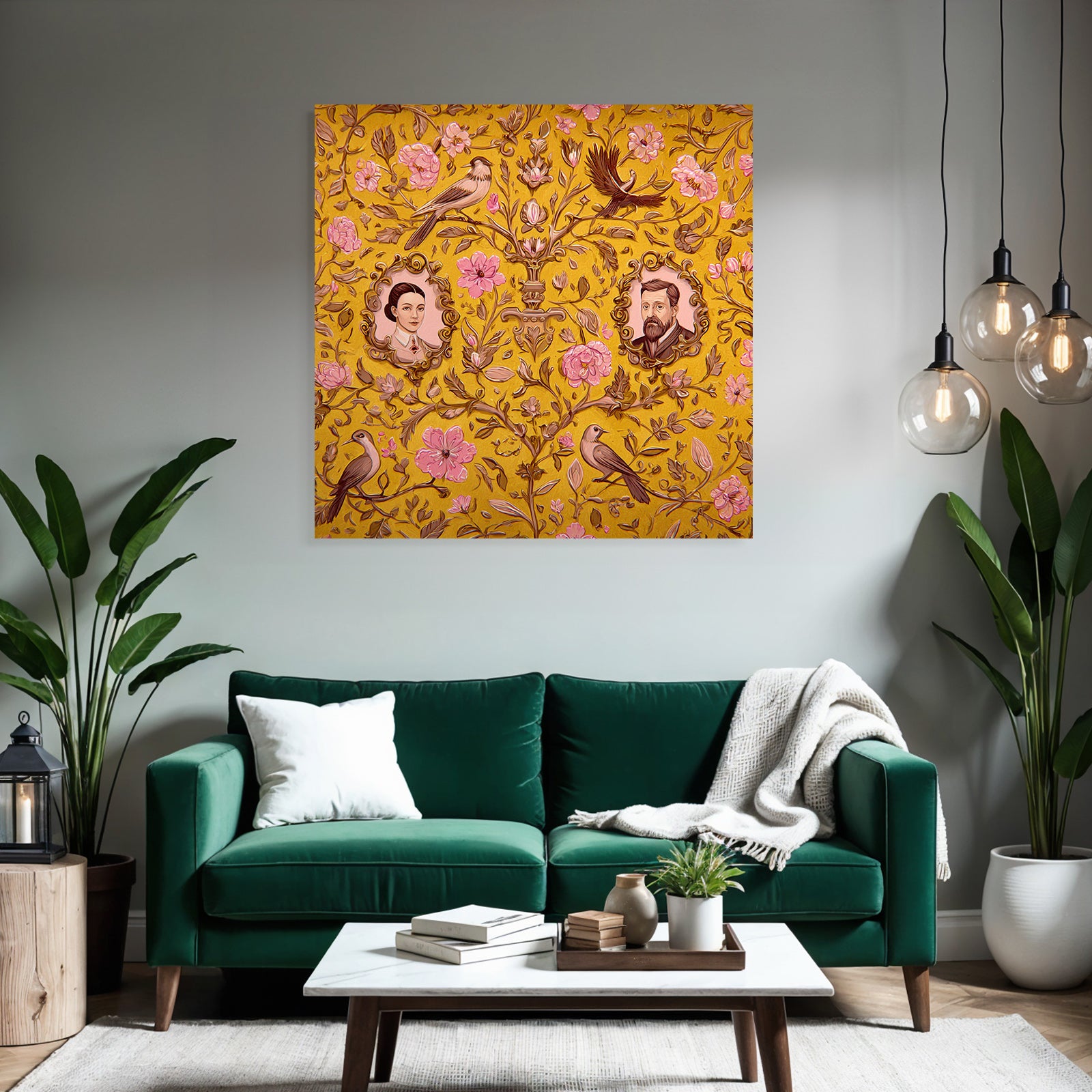 Floral patterns on a yellow background with portraits and birds