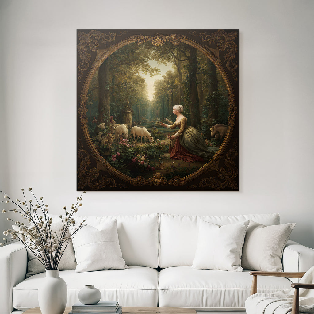 Woman in historical clothing in the forest with animals and flowers