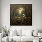 Woman in historical clothing in the forest with animals and flowers