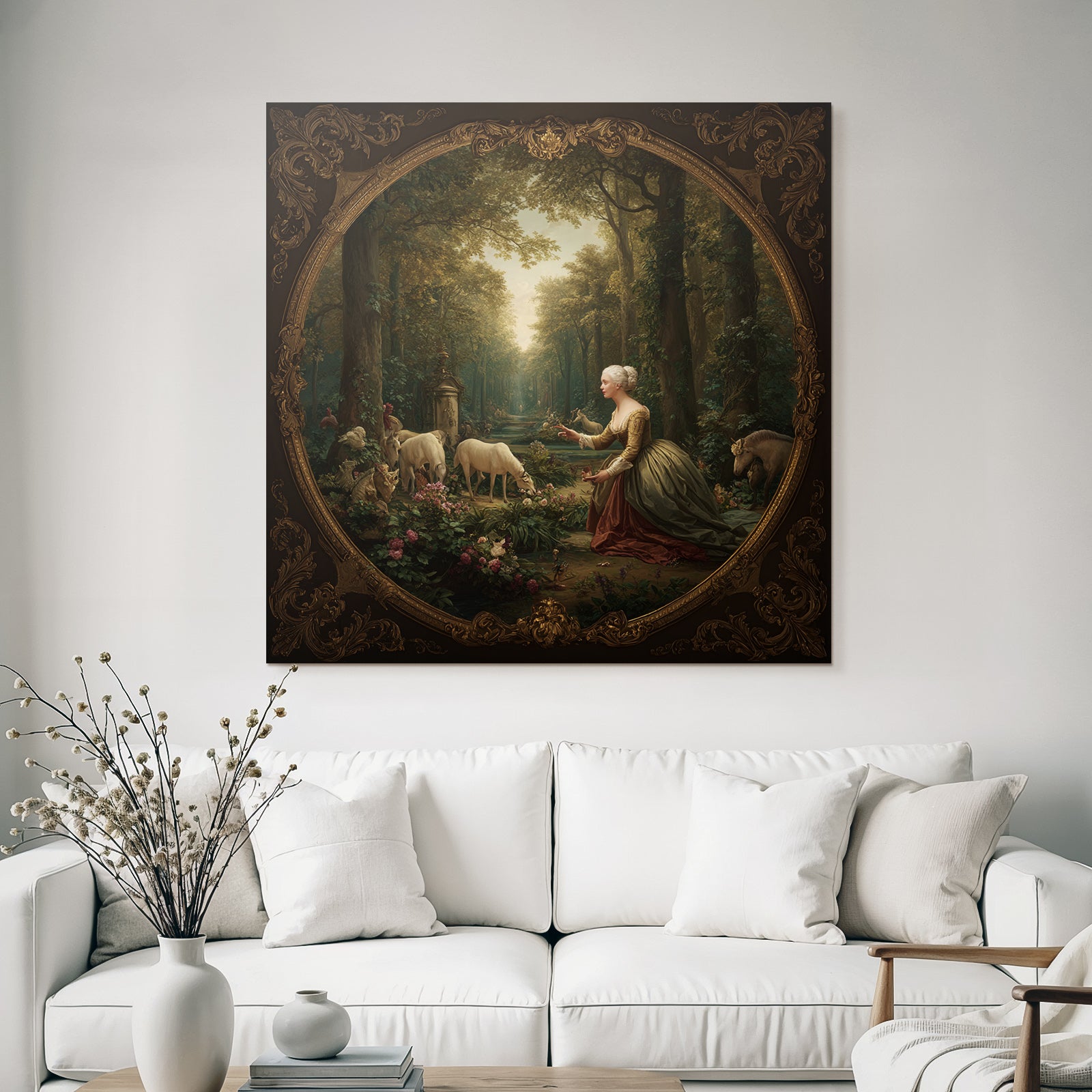 Woman in historical clothing in the forest with animals and flowers