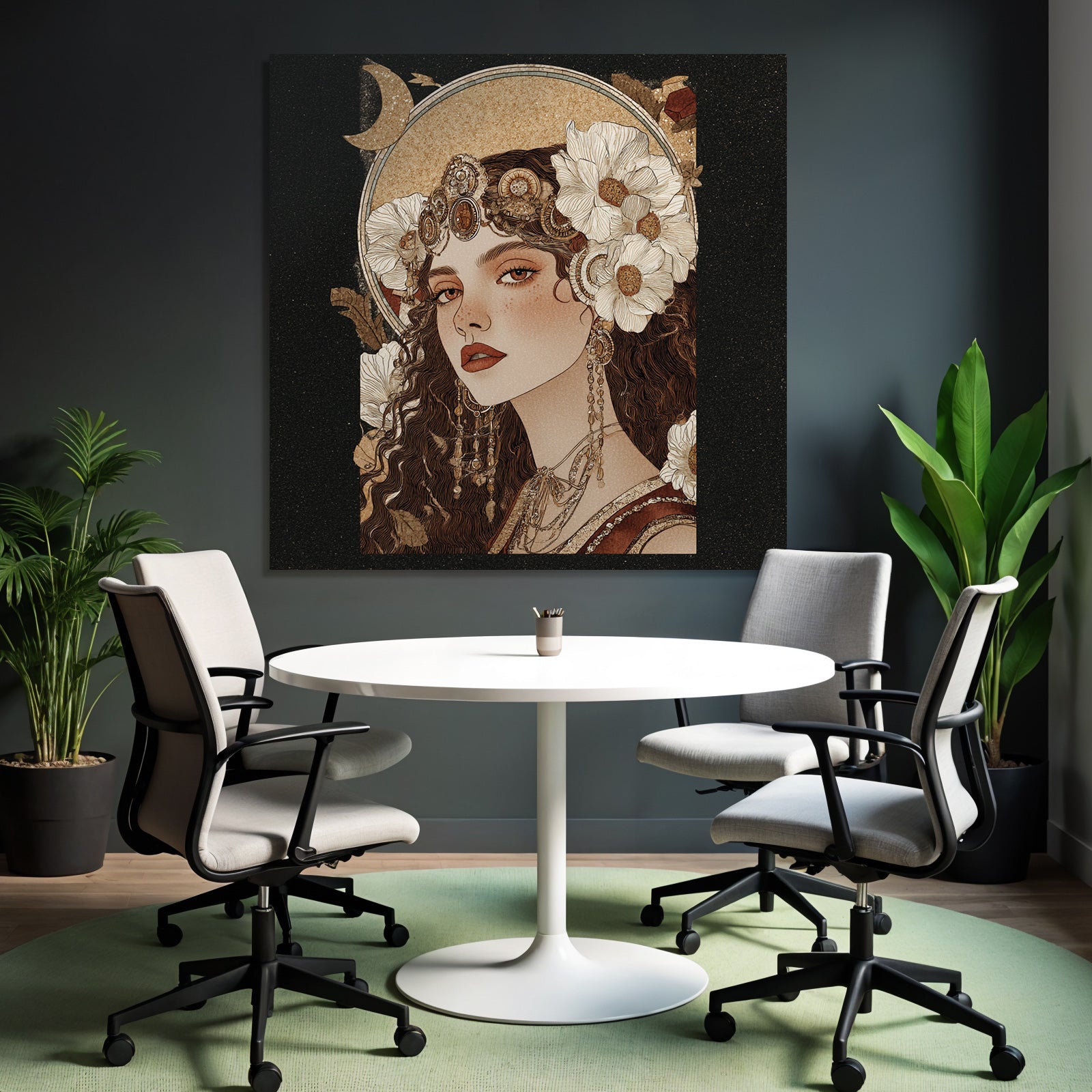 Woman with flowers jewelry and moon illustration elegant art