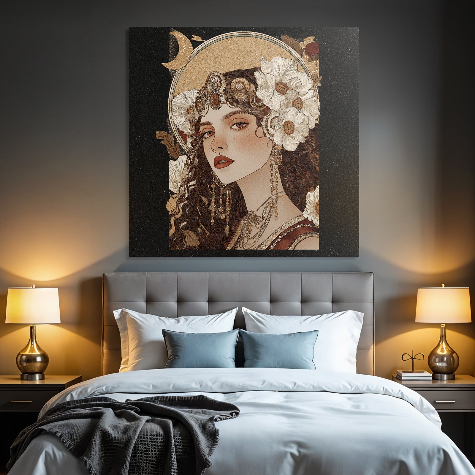 Woman with flowers jewelry and moon illustration elegant art