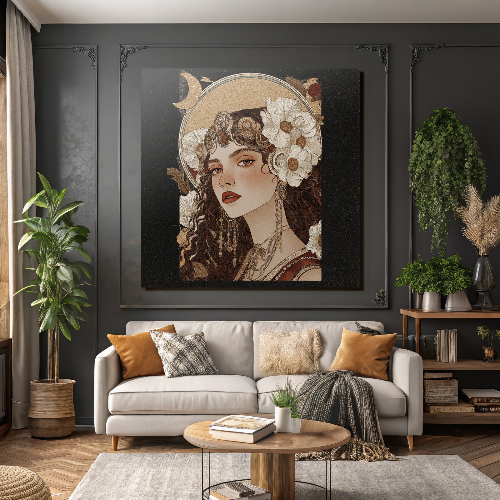 Woman with flowers jewelry and moon illustration elegant art