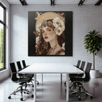 Frau Mit Blumen Schmuck Und Mondillustration Elegante Kunst
