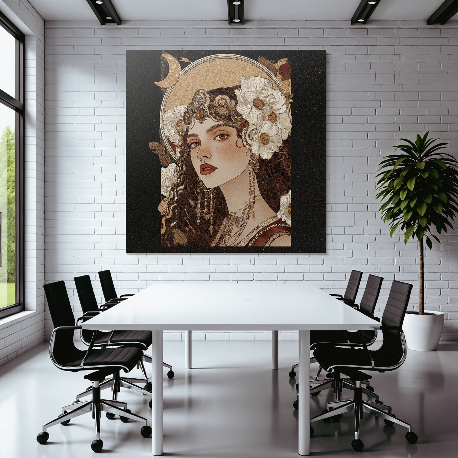 Woman with flowers jewelry and moon illustration elegant art