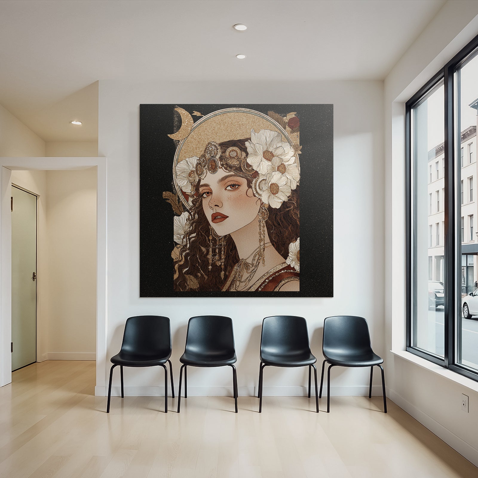 Woman with flowers jewelry and moon illustration elegant art