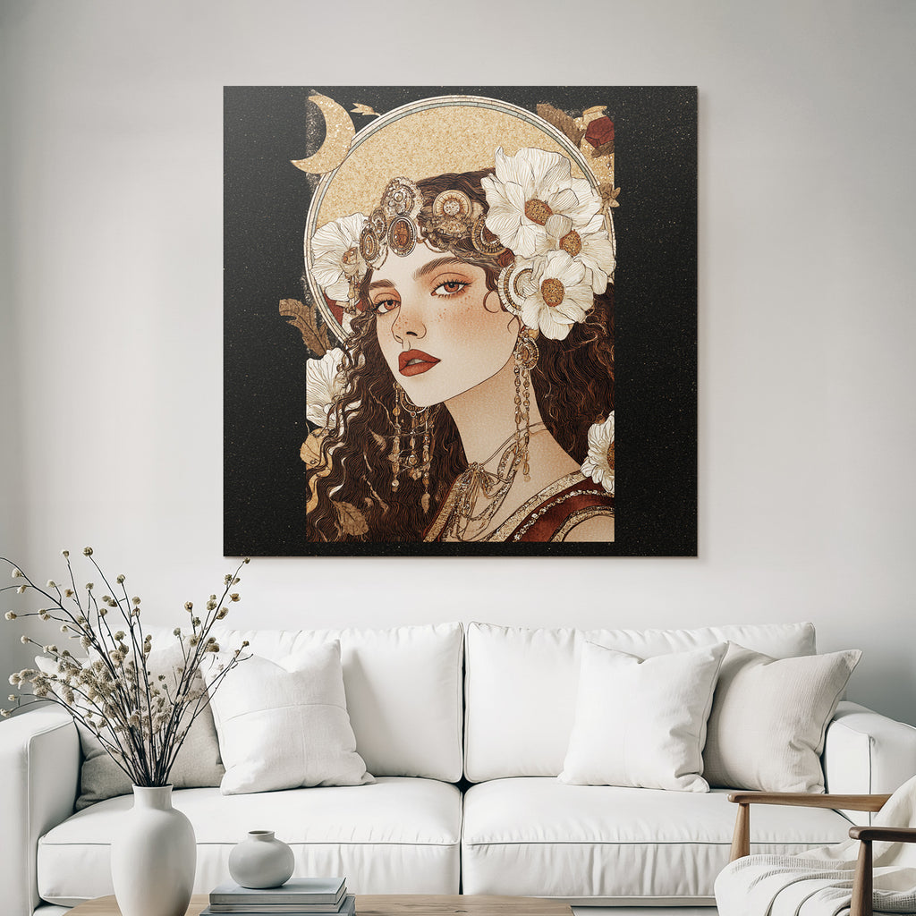 Frau Mit Blumen Schmuck Und Mondillustration Elegante Kunst