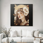 Frau Mit Blumen Schmuck Und Mondillustration Elegante Kunst