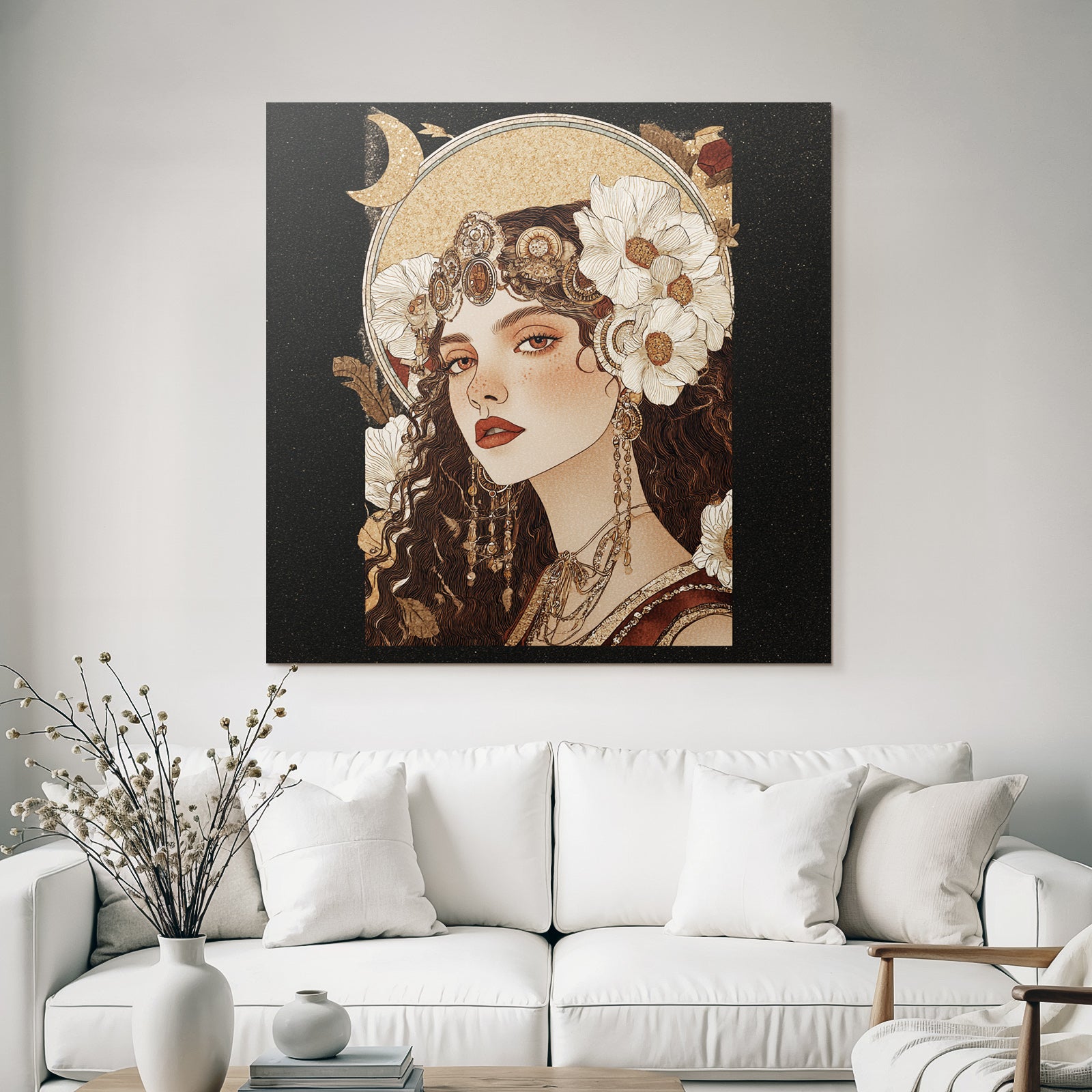 Woman with flowers jewelry and moon illustration elegant art