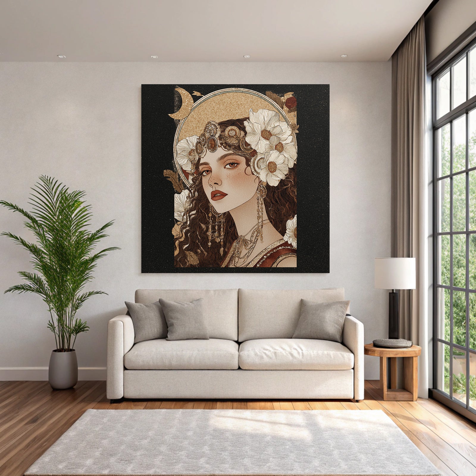 Woman with flowers jewelry and moon illustration elegant art