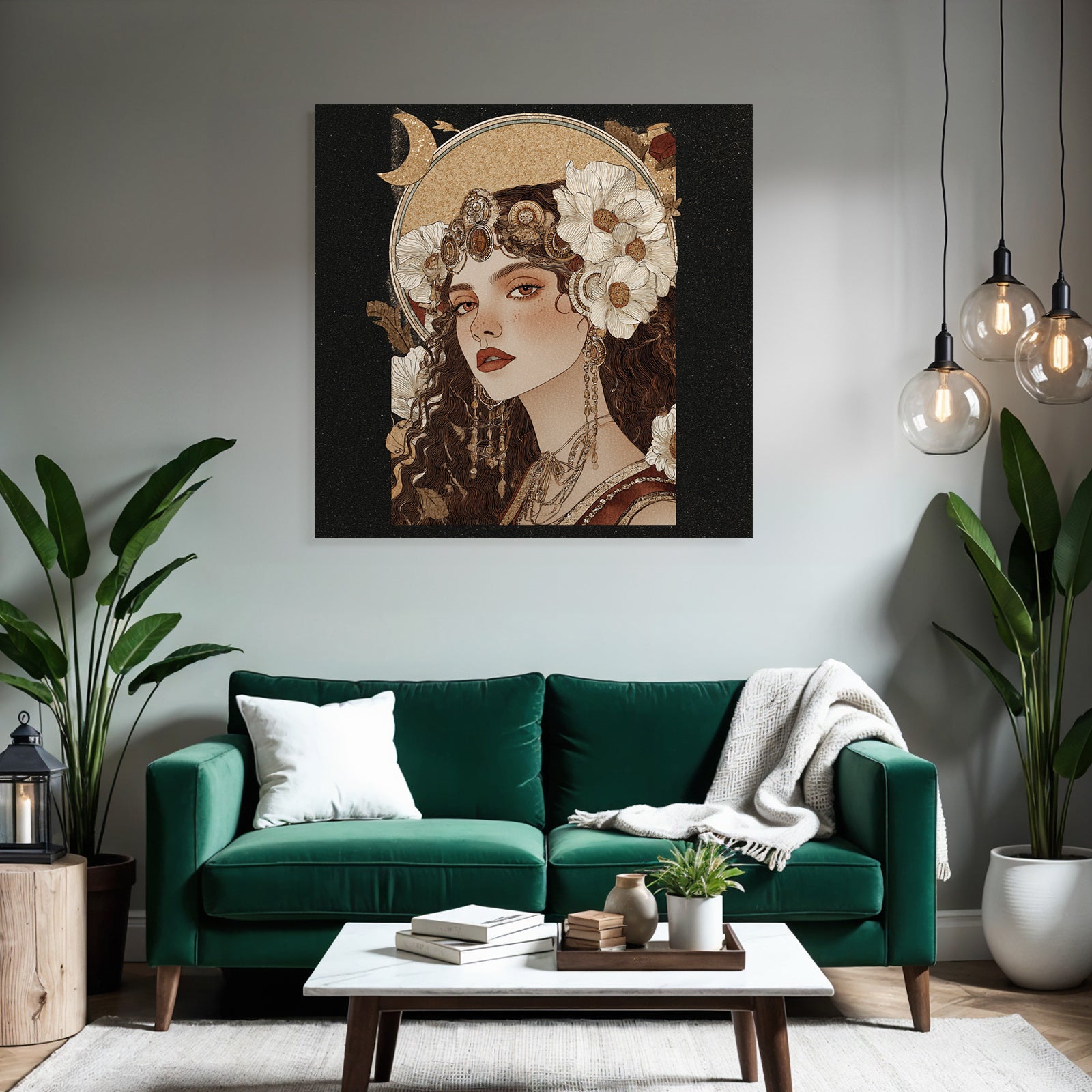 Woman with flowers jewelry and moon illustration elegant art