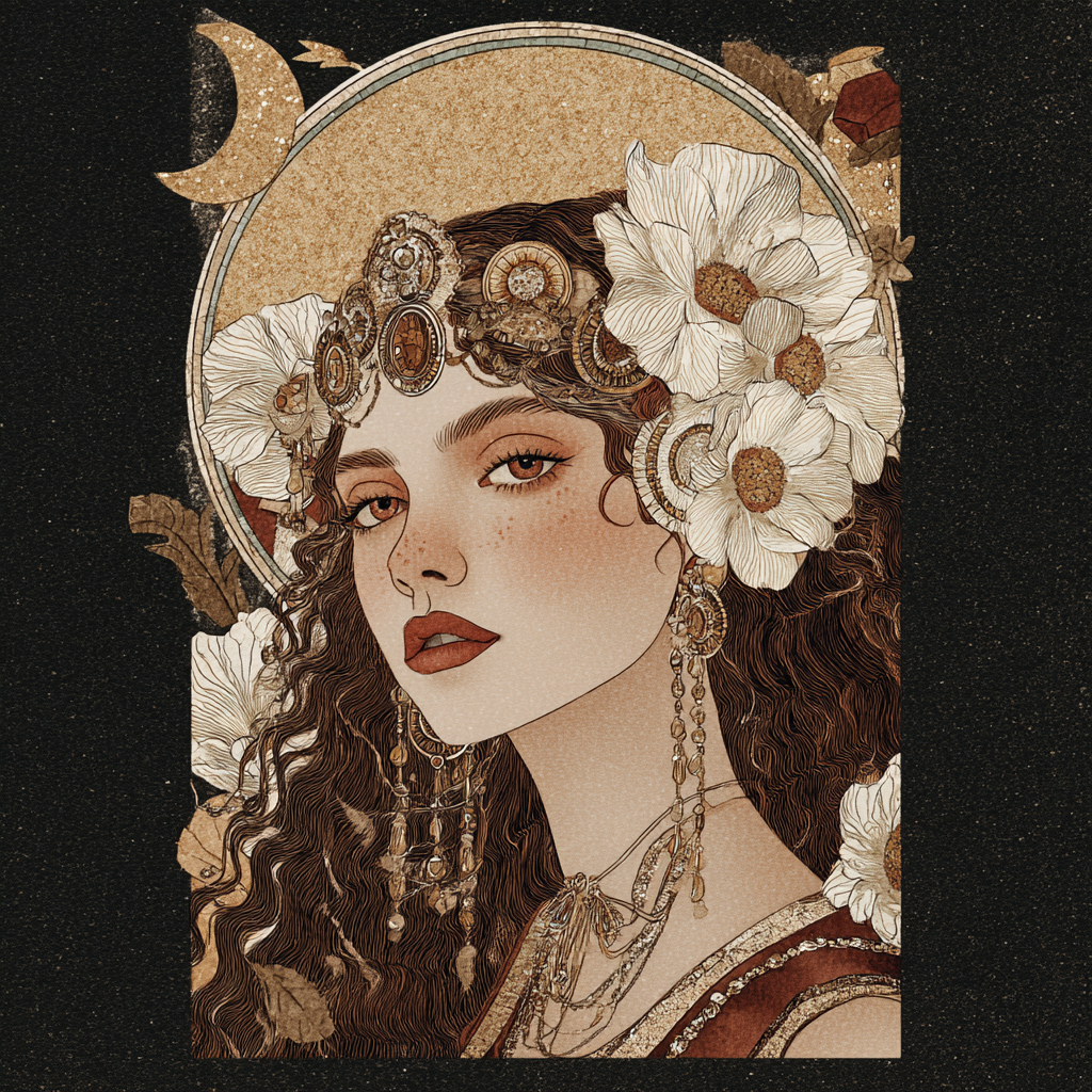 Frau Mit Blumen Schmuck Und Mondillustration Elegante Kunst | Klassisch | Einrichtungsstile