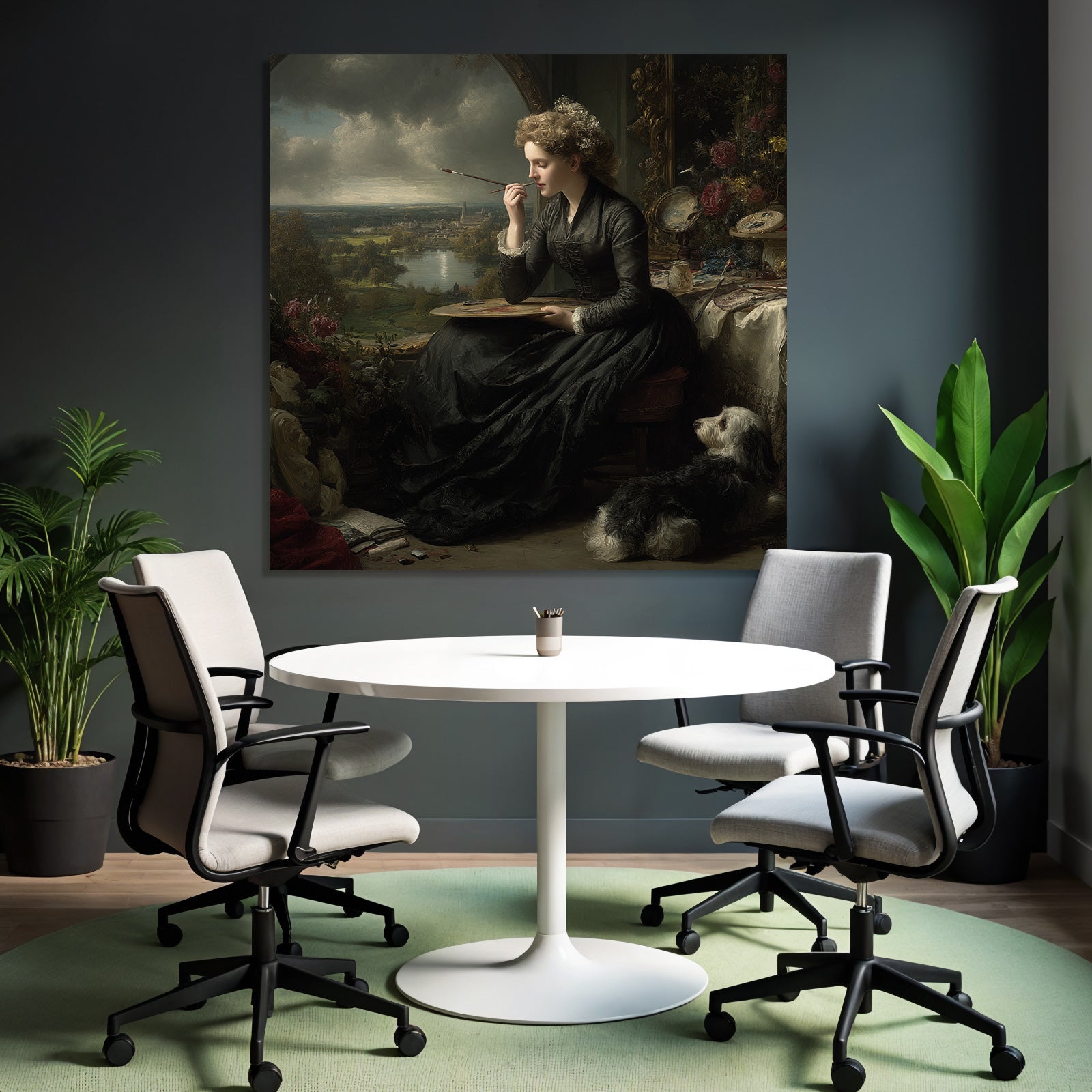 Woman with palette and dog painting in front of window in creative atmosphere