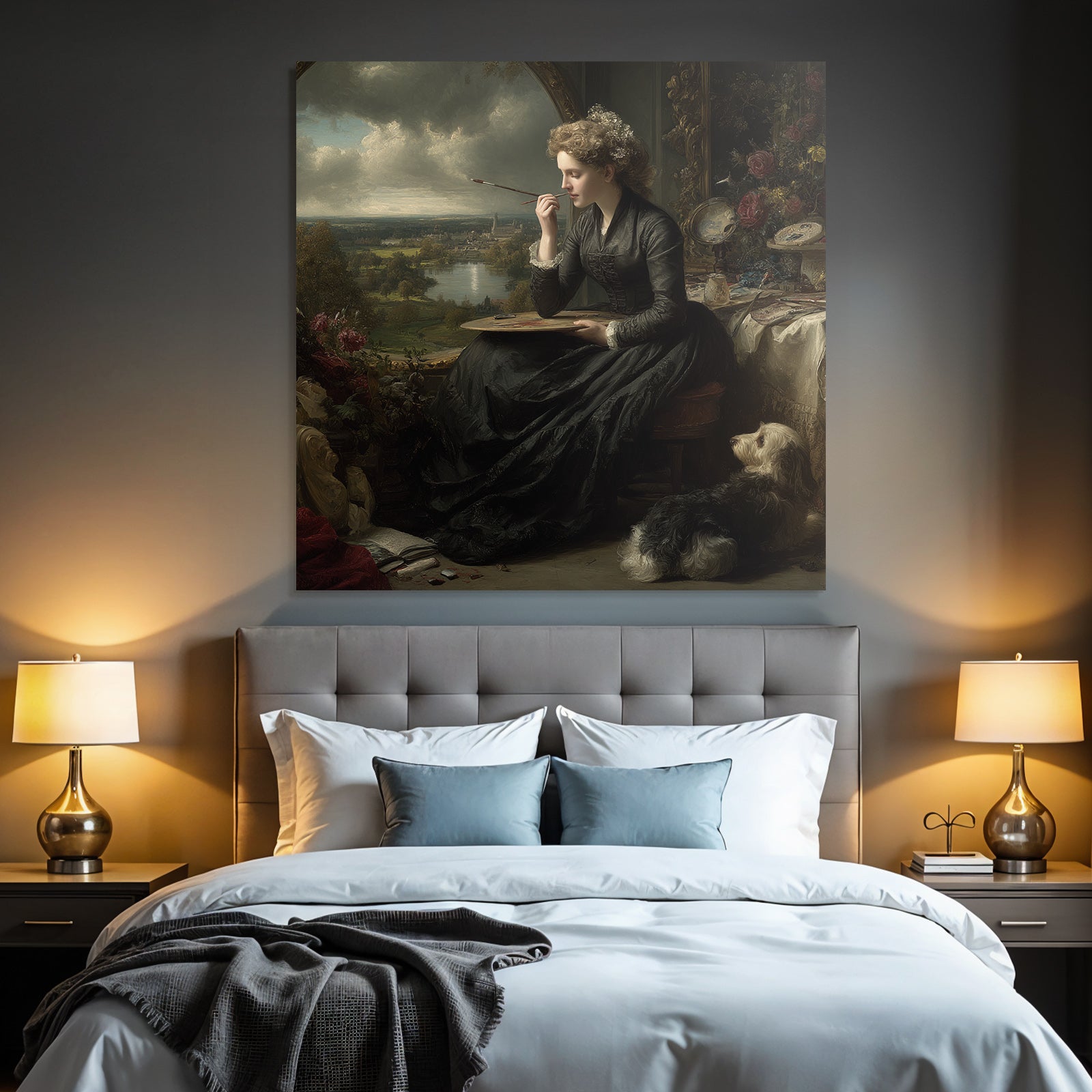 Woman with palette and dog painting in front of window in creative atmosphere