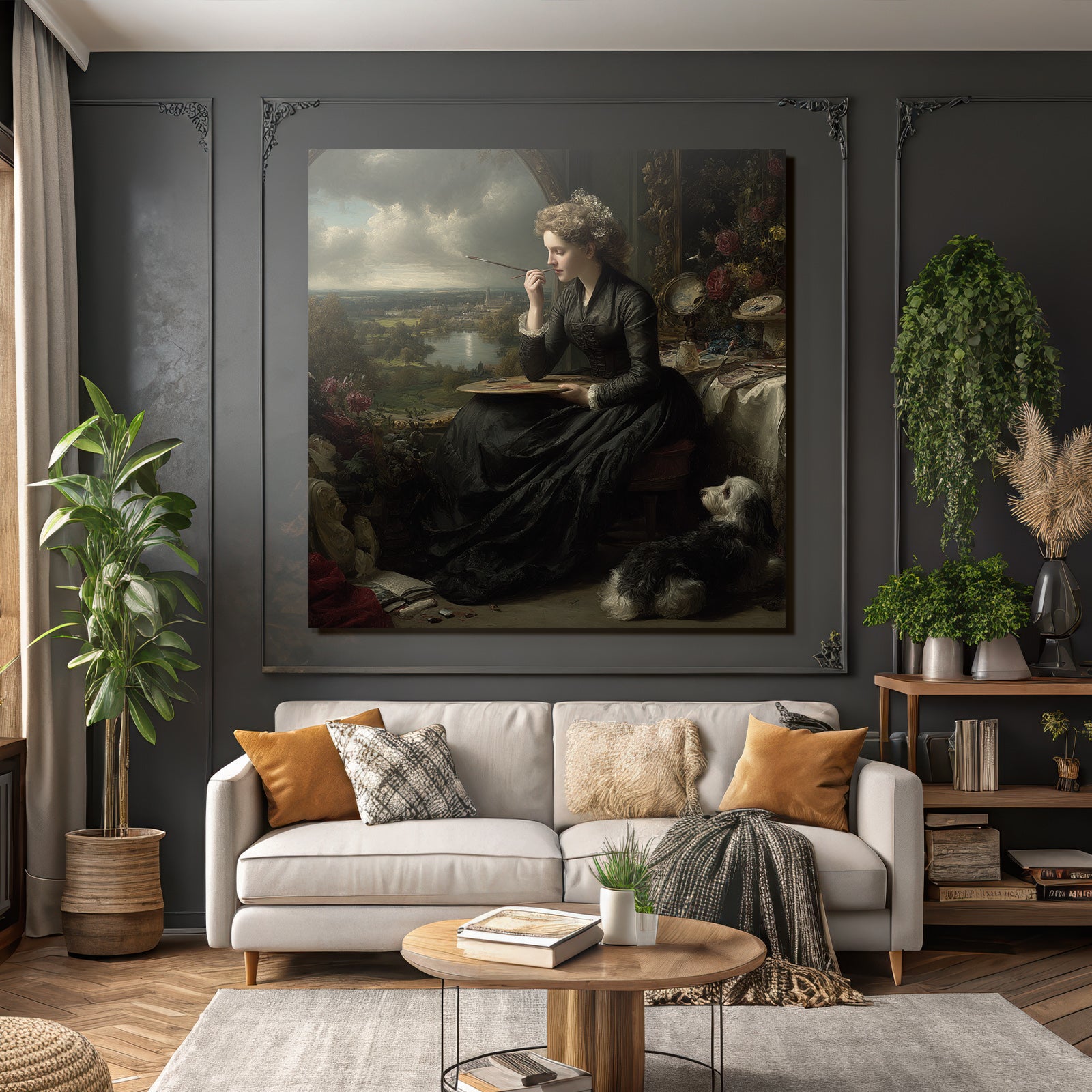 Woman with palette and dog painting in front of window in creative atmosphere