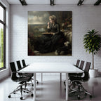 Woman with palette and dog painting in front of window in creative atmosphere