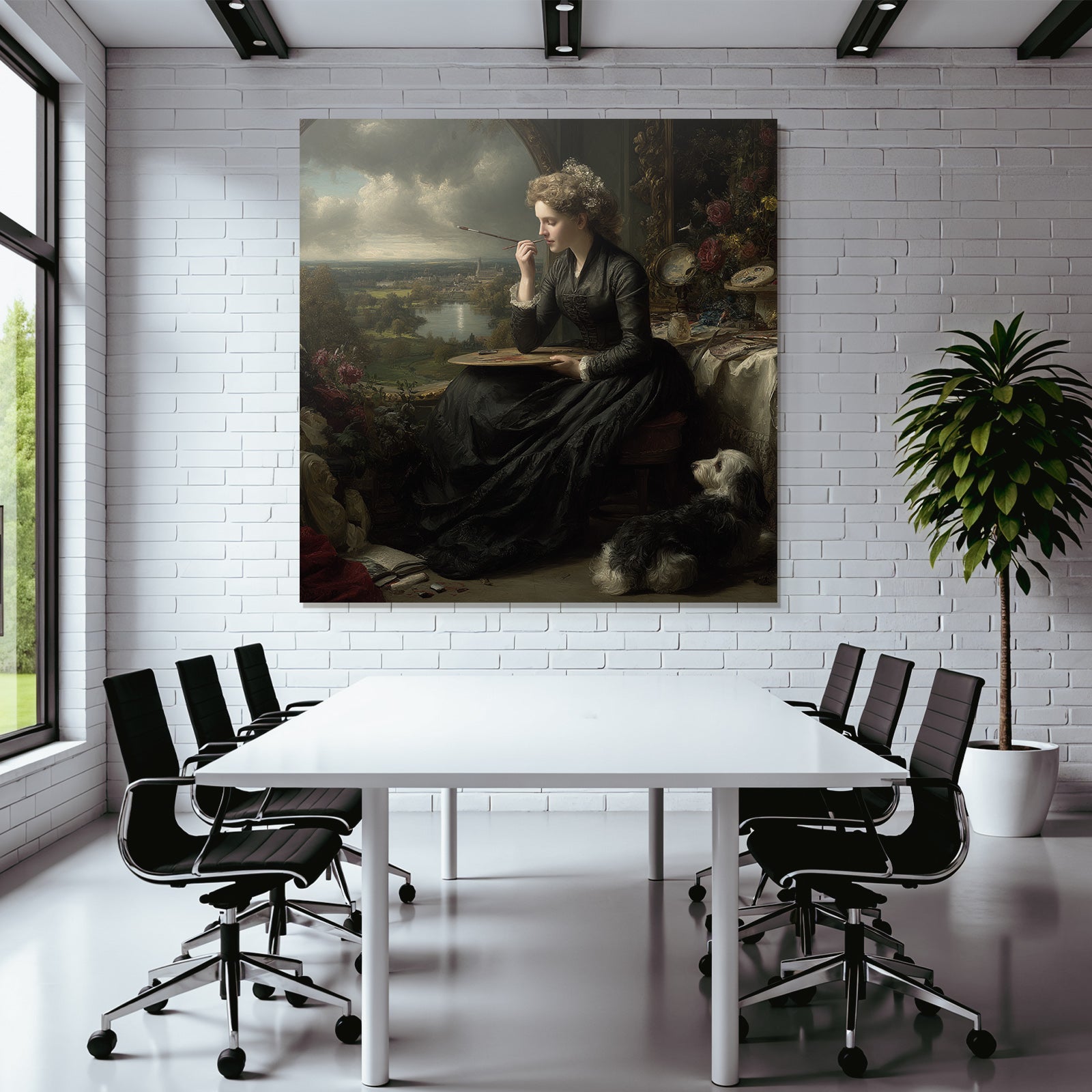 Woman with palette and dog painting in front of window in creative atmosphere
