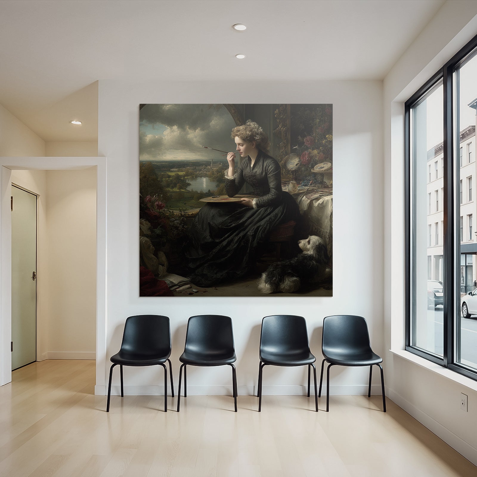 Woman with palette and dog painting in front of window in creative atmosphere