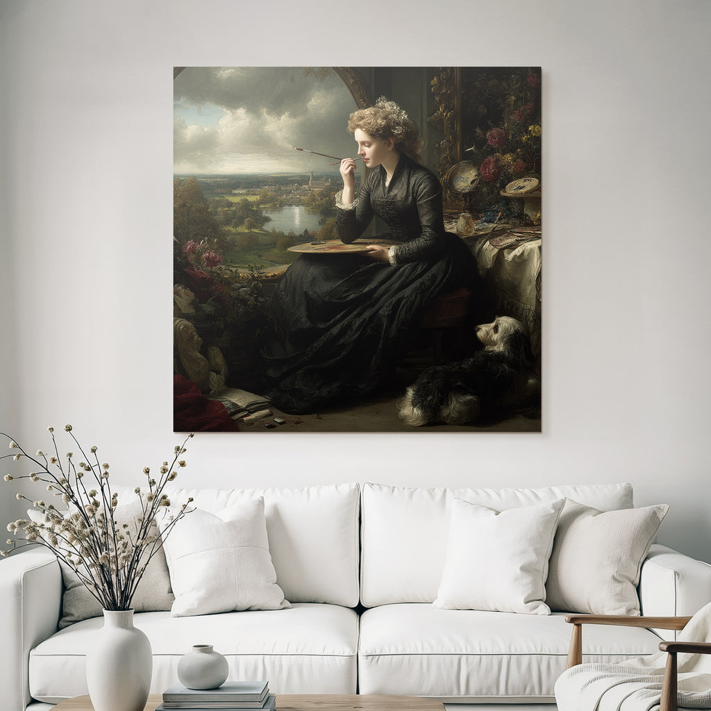 Woman with palette and dog painting in front of window in creative atmosphere