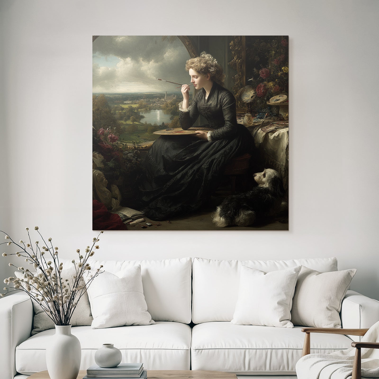 Woman with palette and dog painting in front of window in creative atmosphere
