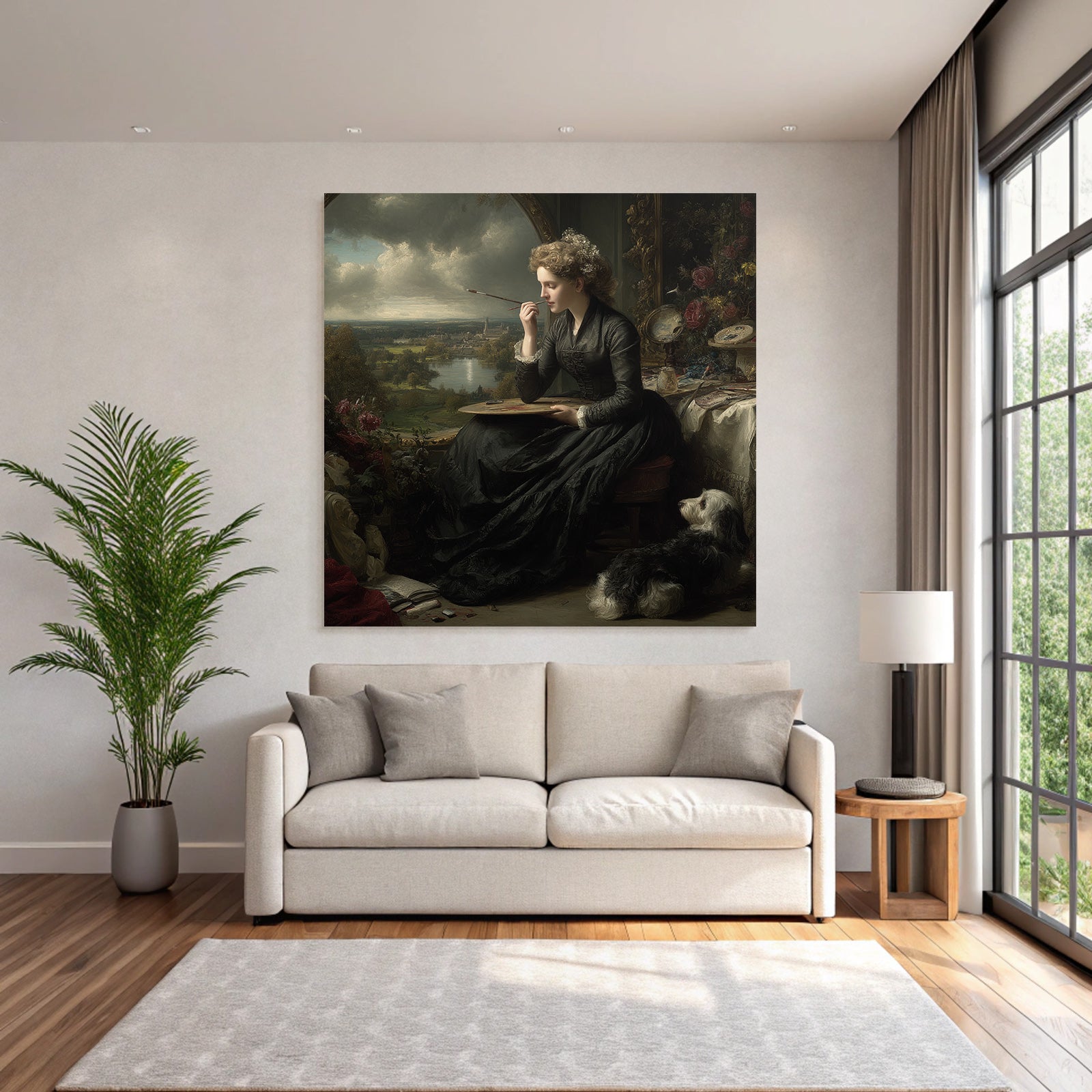 Woman with palette and dog painting in front of window in creative atmosphere