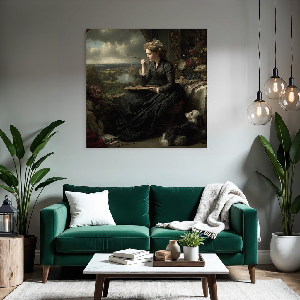 Woman with palette and dog painting in front of window in creative atmosphere