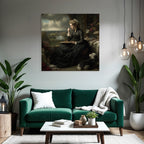 Woman with palette and dog painting in front of window in creative atmosphere