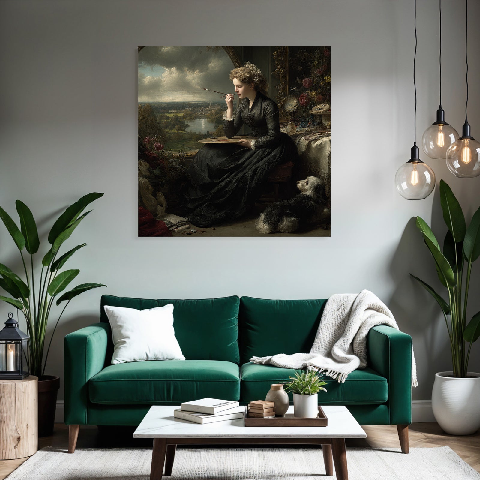 Woman with palette and dog painting in front of window in creative atmosphere