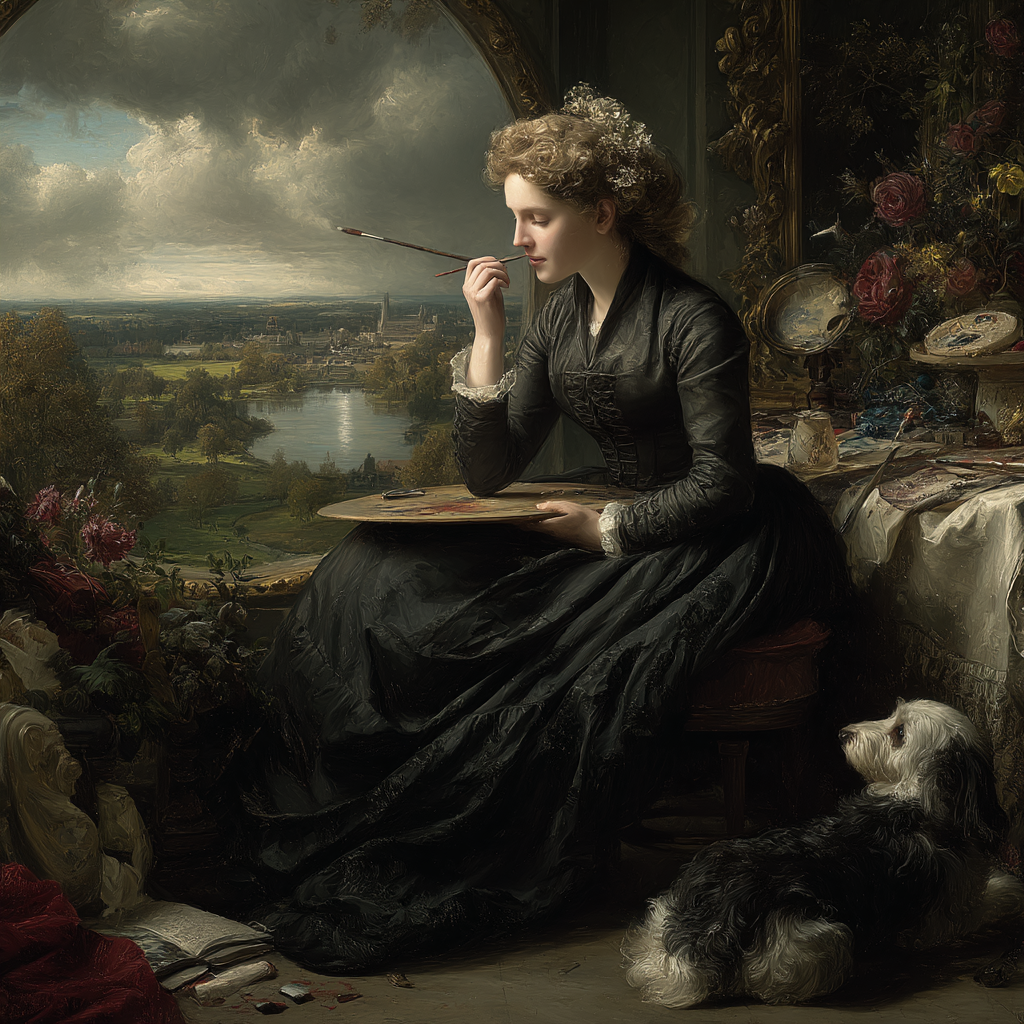 Frau Mit Palette Und Hund Vor Fenster Malend In Kreativer Atmosphaere | Klassisch | Einrichtungsstile