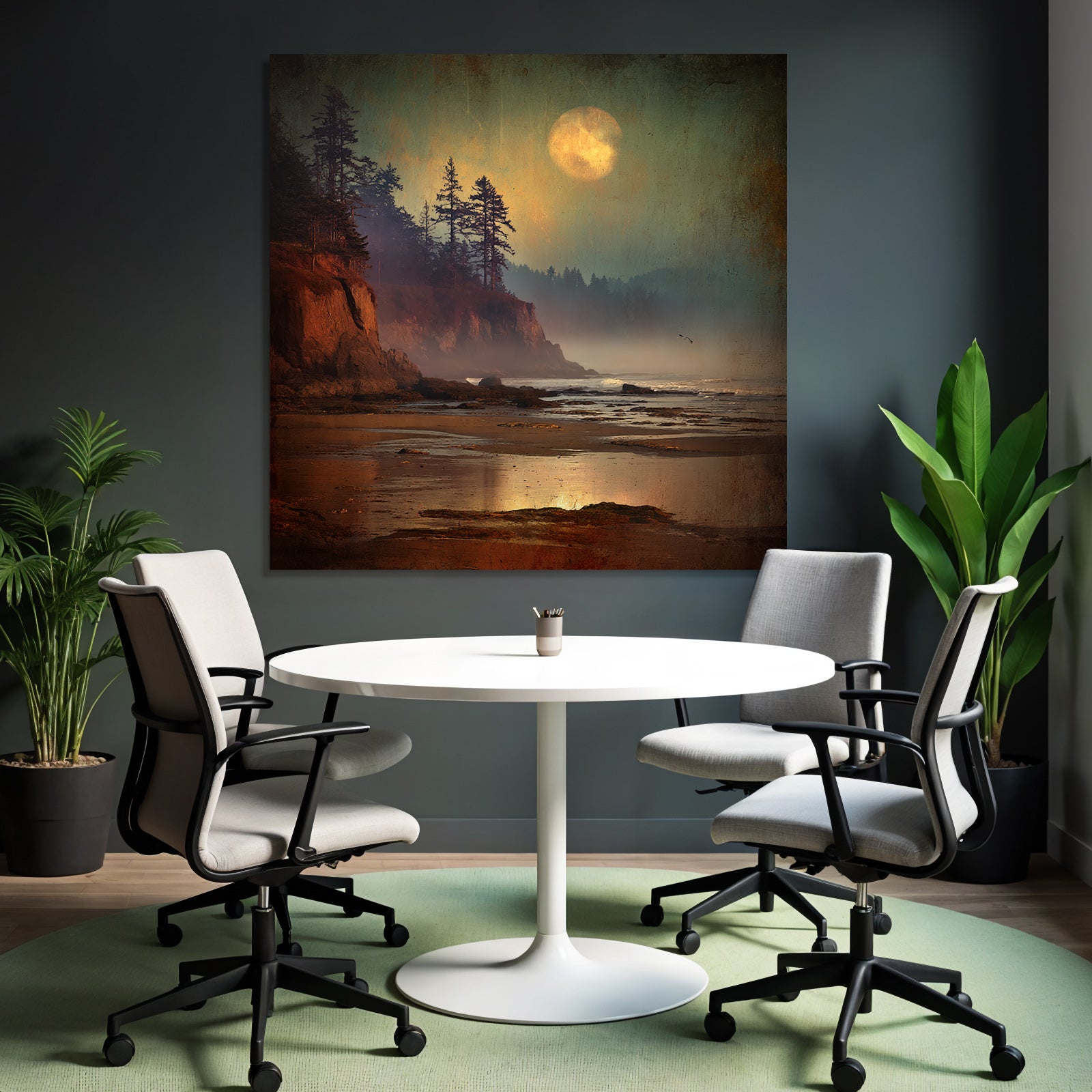 Peaceful Beach Rock Coast Tree Silhouettes Mystical Moon Reflections Mist