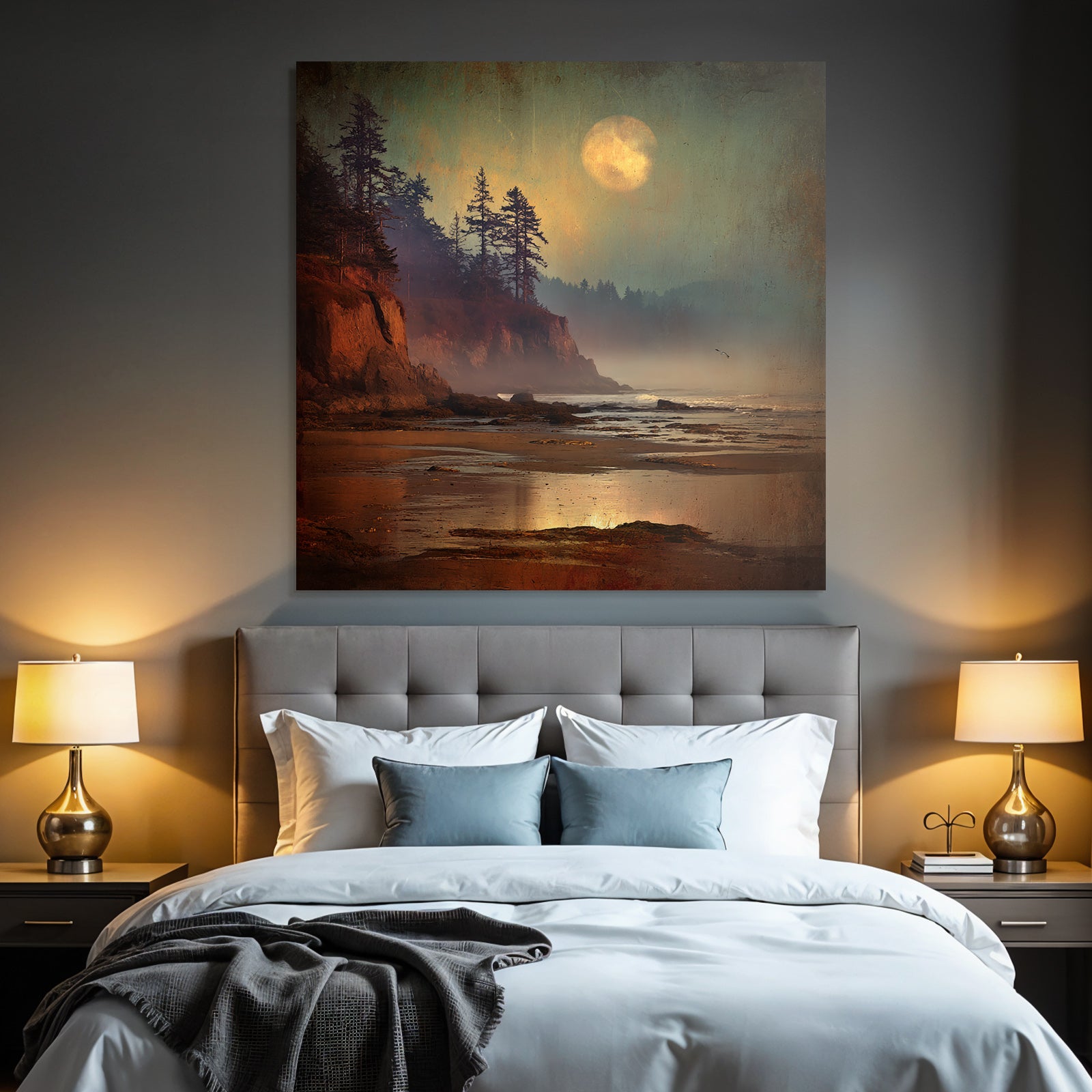 Peaceful Beach Rock Coast Tree Silhouettes Mystical Moon Reflections Mist