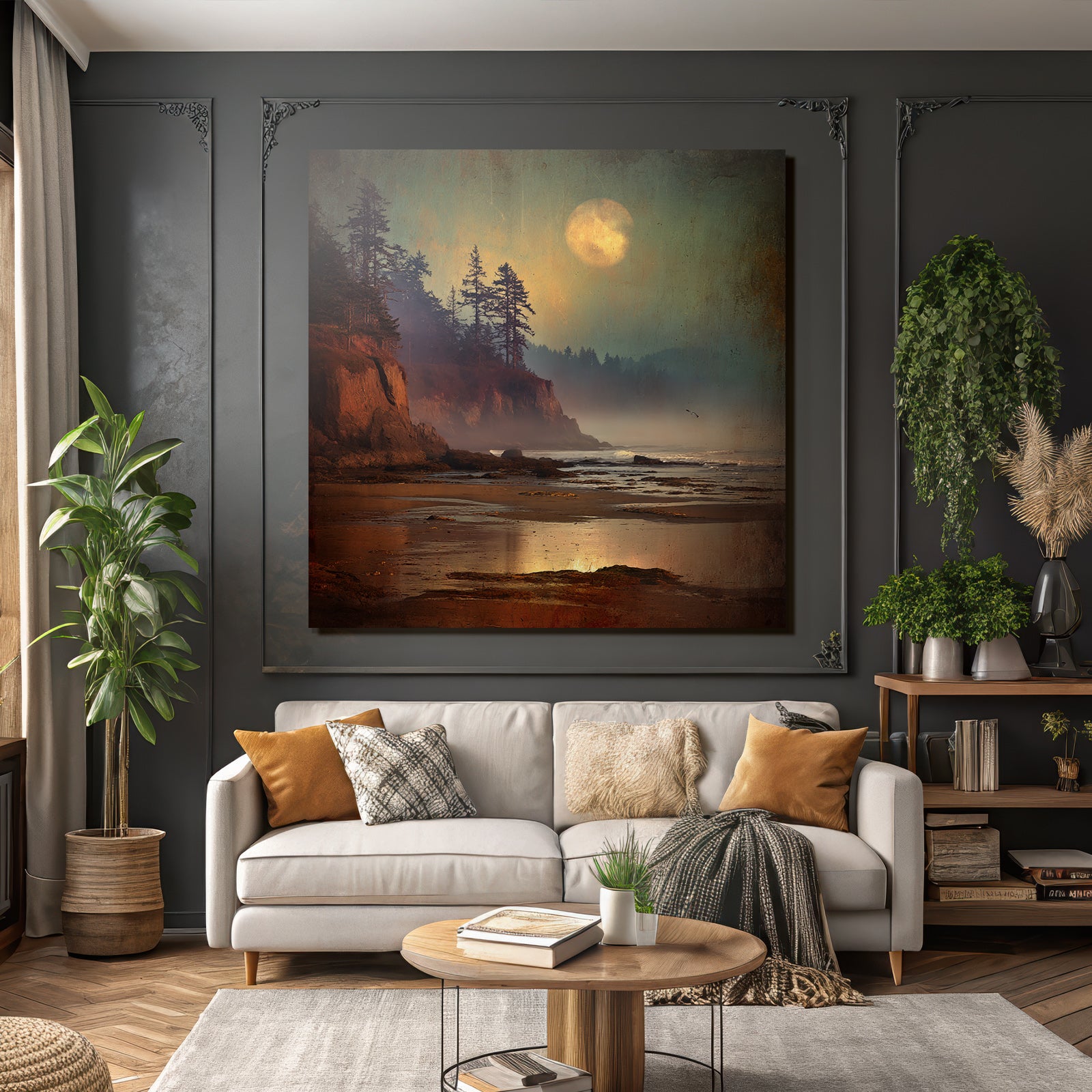 Peaceful Beach Rock Coast Tree Silhouettes Mystical Moon Reflections Mist