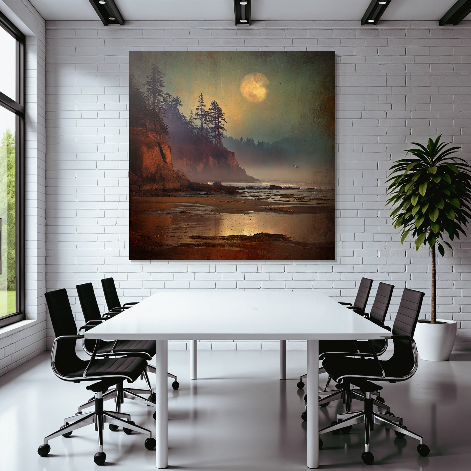 Peaceful Beach Rock Coast Tree Silhouettes Mystical Moon Reflections Mist