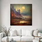Peaceful Beach Rock Coast Tree Silhouettes Mystical Moon Reflections Mist