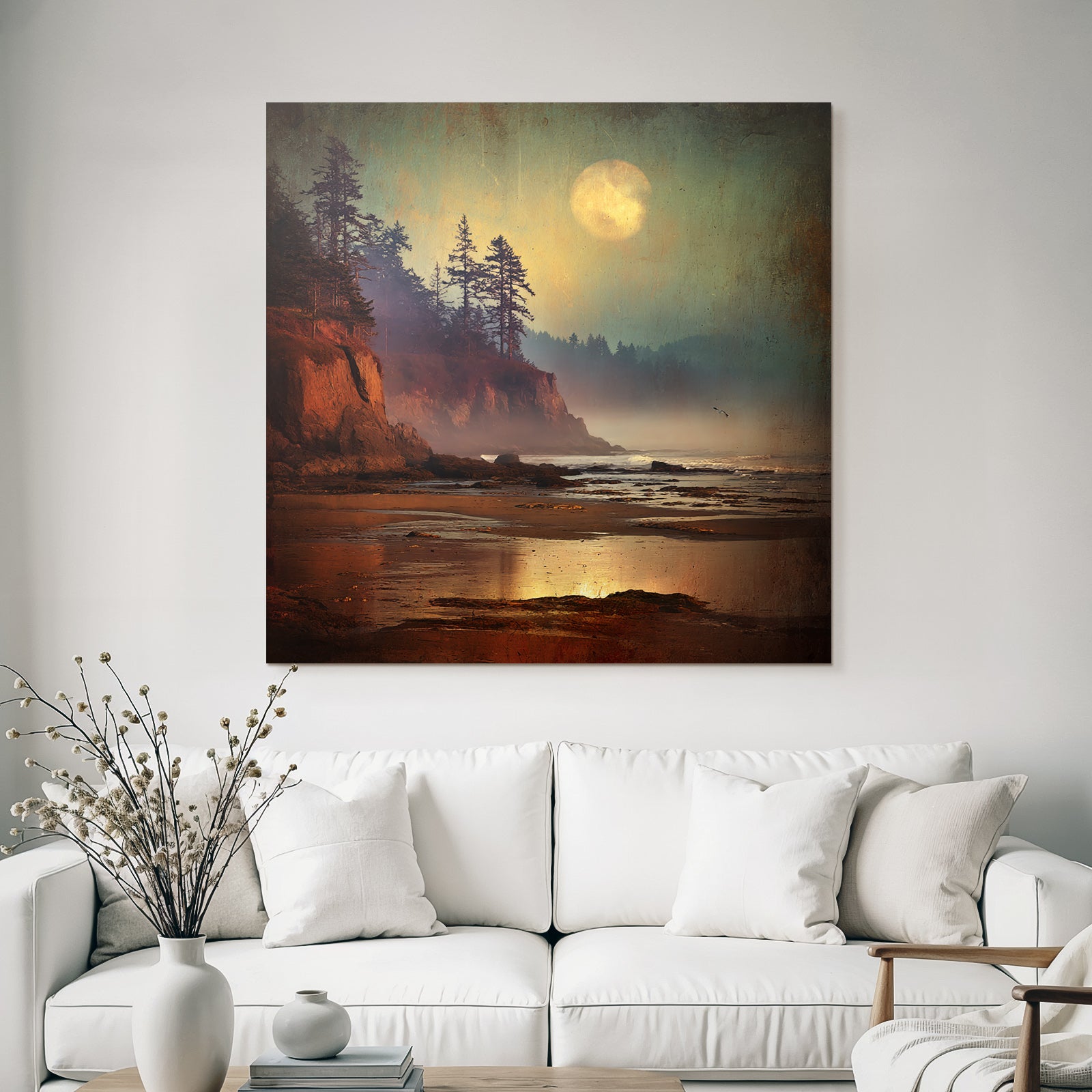 Peaceful Beach Rock Coast Tree Silhouettes Mystical Moon Reflections Mist