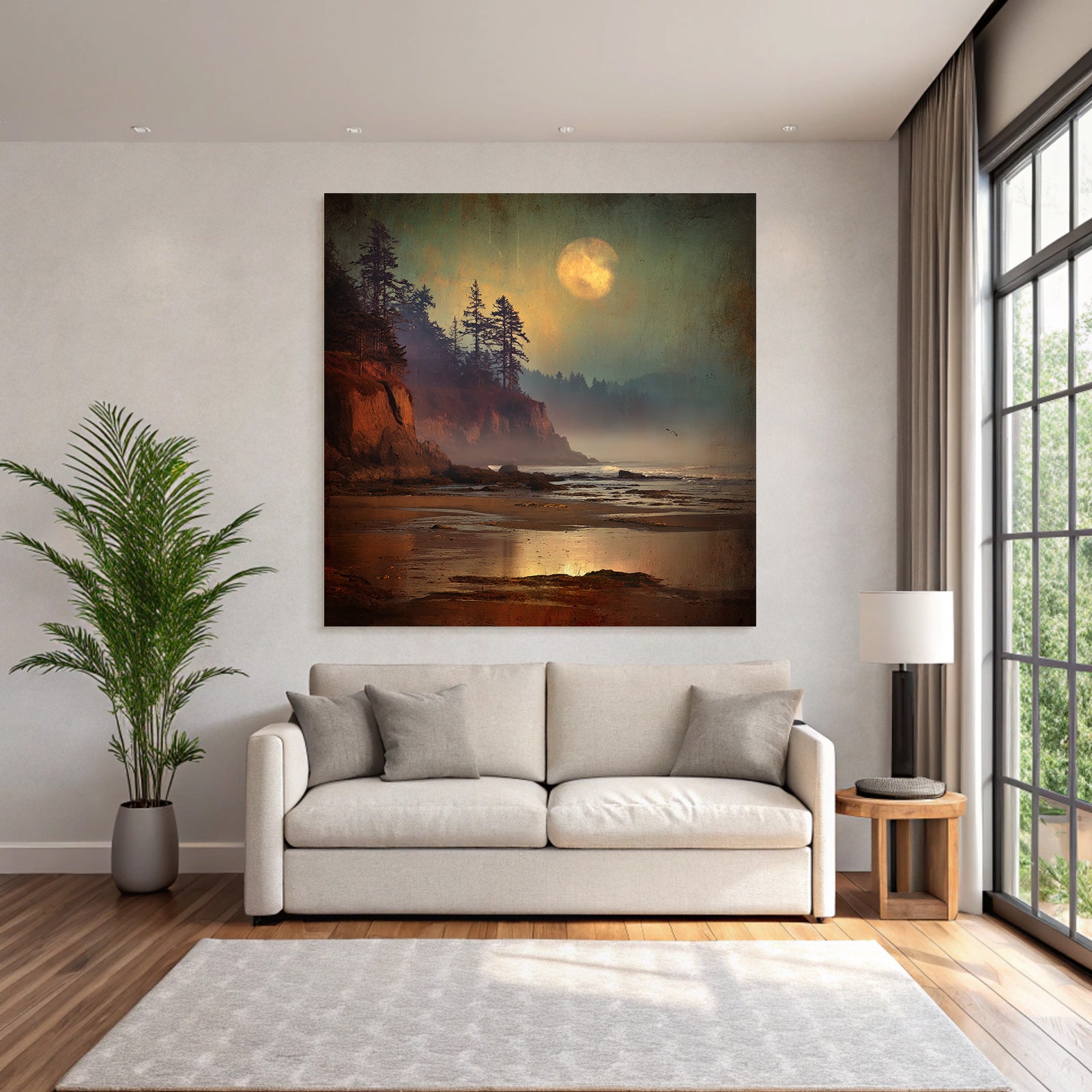 Peaceful Beach Rock Coast Tree Silhouettes Mystical Moon Reflections Mist