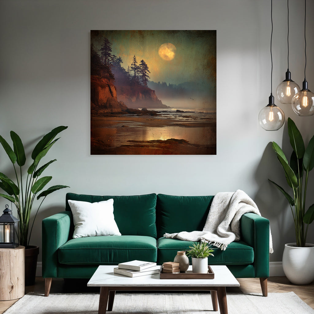 Peaceful Beach Rock Coast Tree Silhouettes Mystical Moon Reflections Mist