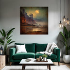 Peaceful Beach Rock Coast Tree Silhouettes Mystical Moon Reflections Mist