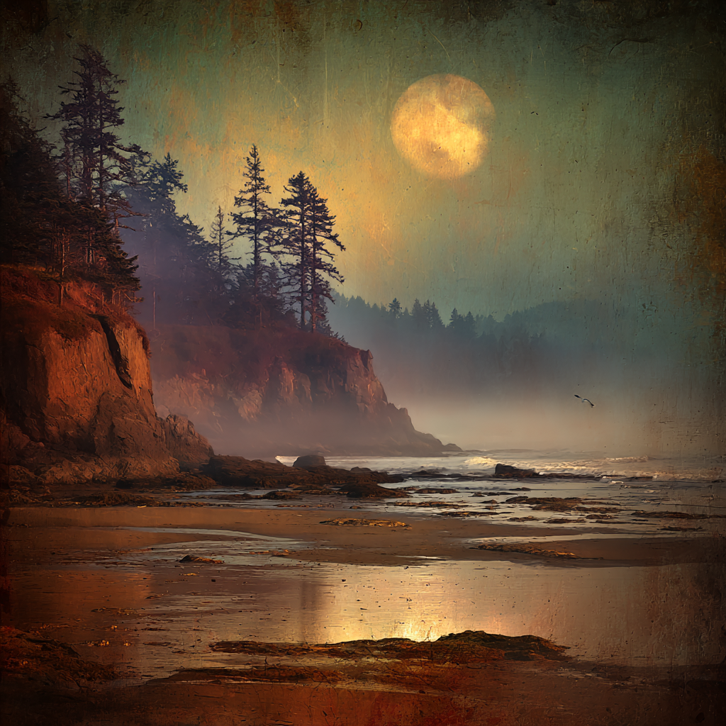 Friedlicher Strand Rock Coast Tree Silhouettes Mystical Moon Reflections Mist | Klassisch | Einrichtungsstile