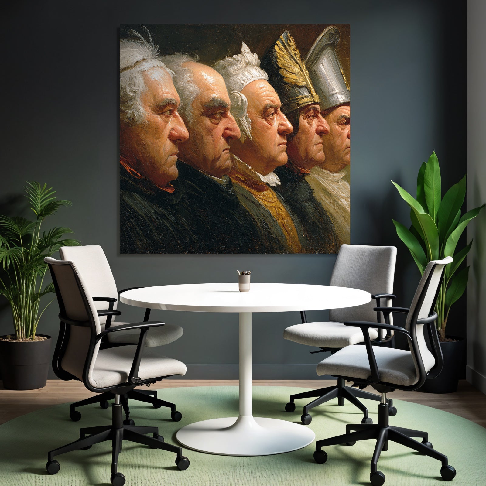 Five male figures in profile with historical clothing