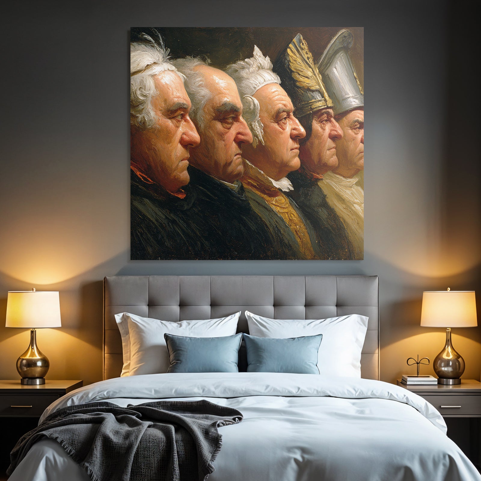 Five male figures in profile with historical clothing